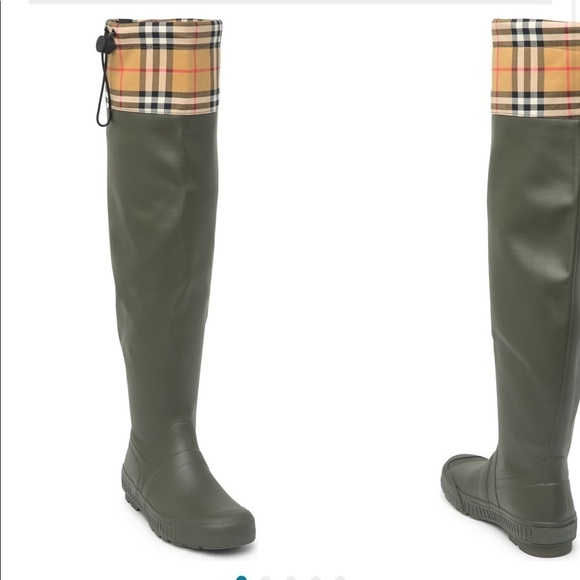 Burberry Olive Knee-High Nova Check Rain Boot - Picture 4 of 13